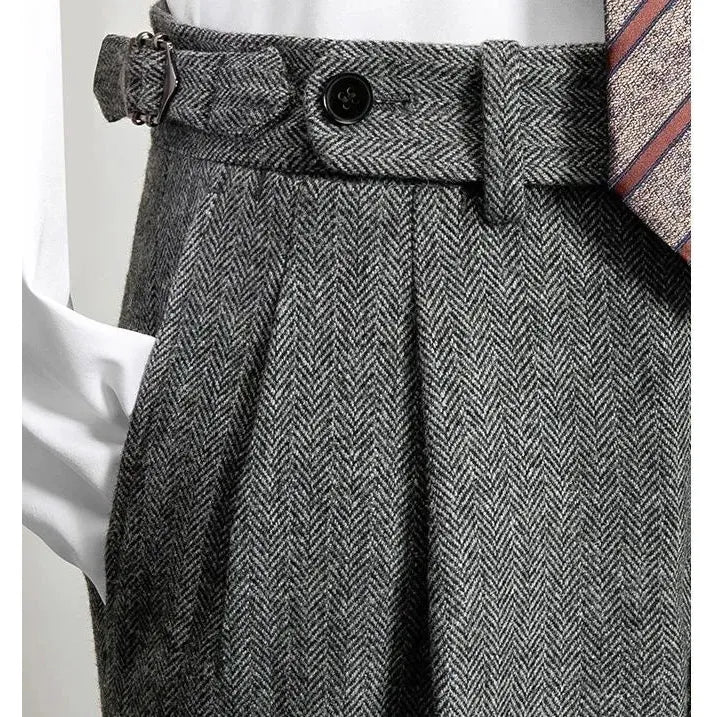 Men's Autumn Winter New High Waist Wool Tweed Trousers Business Casual Pants - Frimunt Clothing Co.