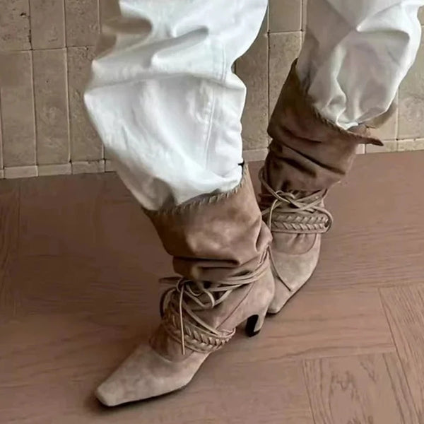 Autumn Winter Brown Suede Weave Lace-up Women Pleated Ankle Boots