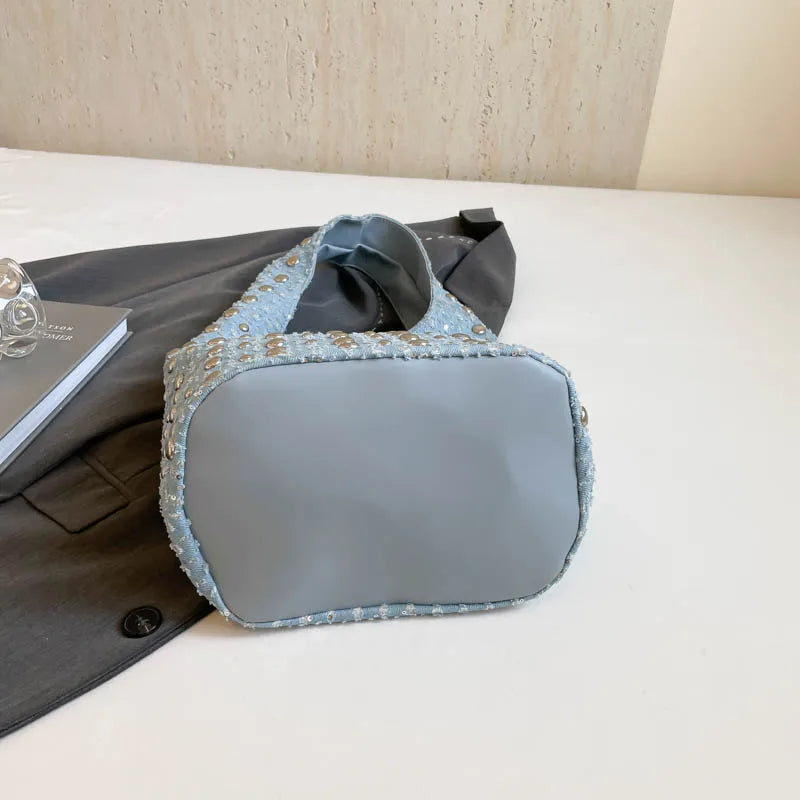 Women's Denim Rivet Bucket Shoulder Bag - Frimunt Clothing Co.