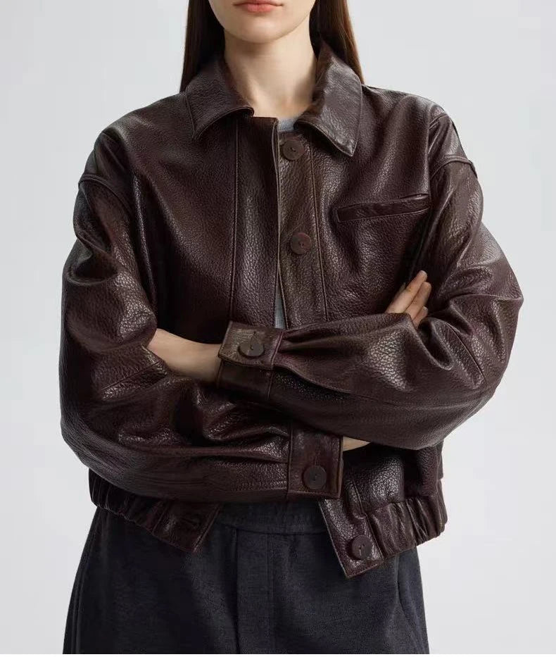 Retro Genuine Leather Short Bomber Jackets for Women Bubble Texture