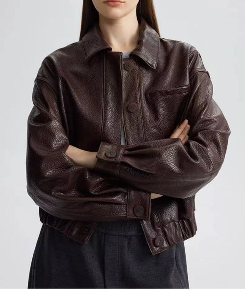 Retro Genuine Leather Short Bomber Jackets for Women Bubble Texture - Frimunt Clothing Co.