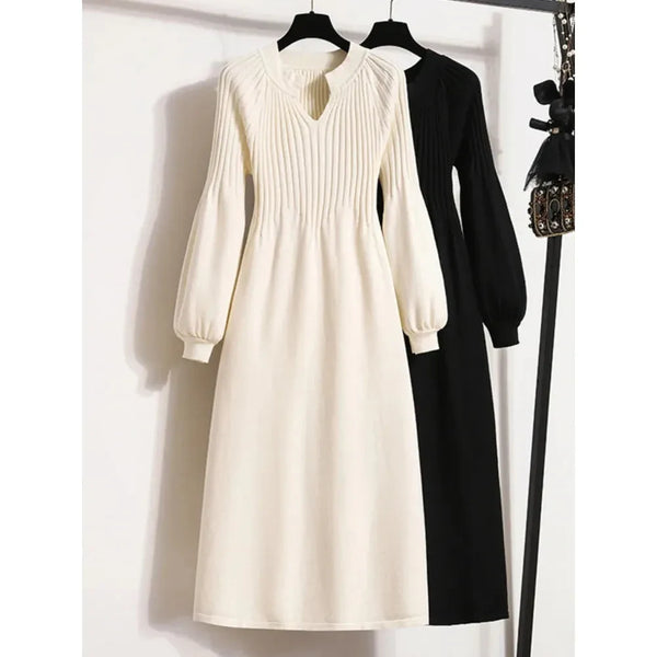 Fall Winter Knit Dresses Elegant Solid Long Sleeve High Waist A-line