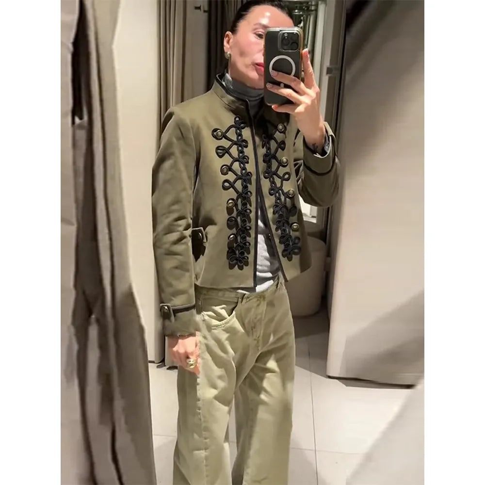 Chic Golden Toggle Button Cropped Jacket Padded Shoulder