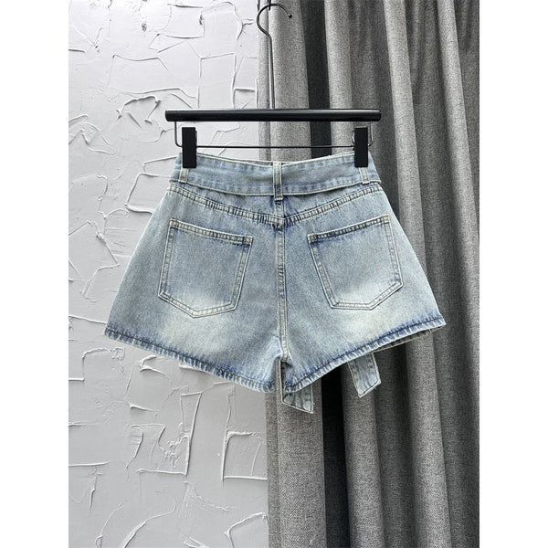 2023 Summer New Fashion Women's Denim Shorts High Waist Belt Solid Color Split Patchwork A-line Wrap Short Jeans - Frimunt Clothing Co.