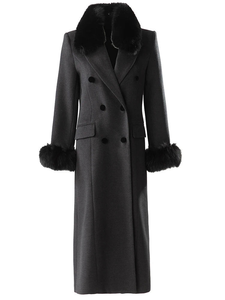 Abrigo de invierno cruzado con cuello de piel desmontable y solapa negra para mujer