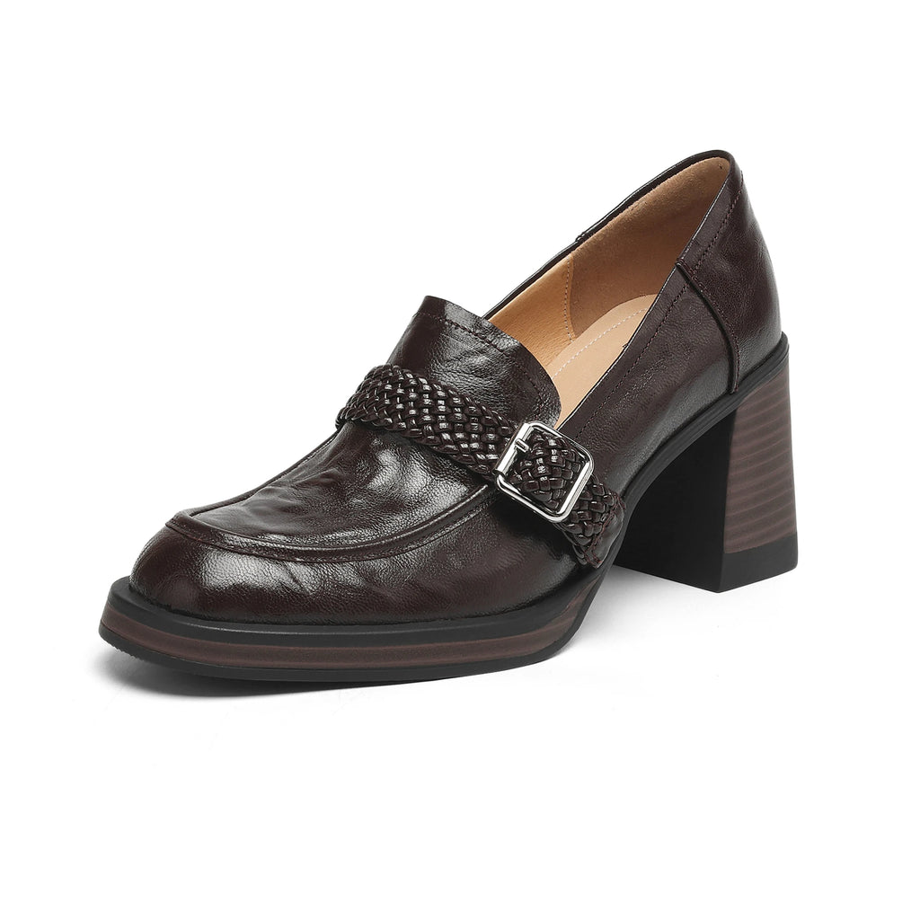 Women's Genuine Leather Round Toe High Heels Shallow Retro Loafers Buckle Strap