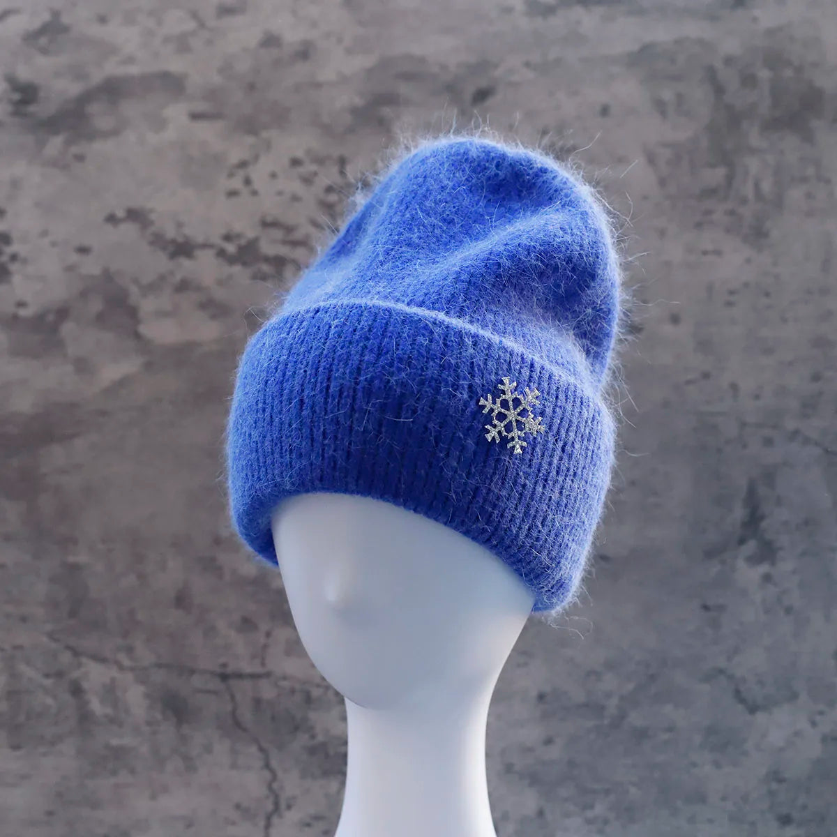 Women's Winter Knit Cuff Hat Real Warm Rabbit Hair Snowflake Pin Solid Colors - Frimunt Clothing Co.