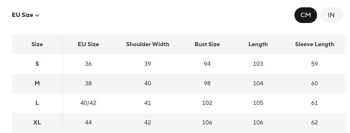 A size chart table showing EU size conversions from S to XL with measurements for shoulder width, bust size, length, and sleeve length. The header includes a dropdown labeled EU Size, a CM size indicator, and an IN size indicator.