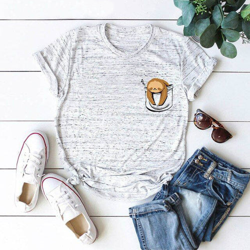 Cotton Women Sloth Pocket Print Summer T-Shirt Plus Sizes - Frimunt Clothing Co.