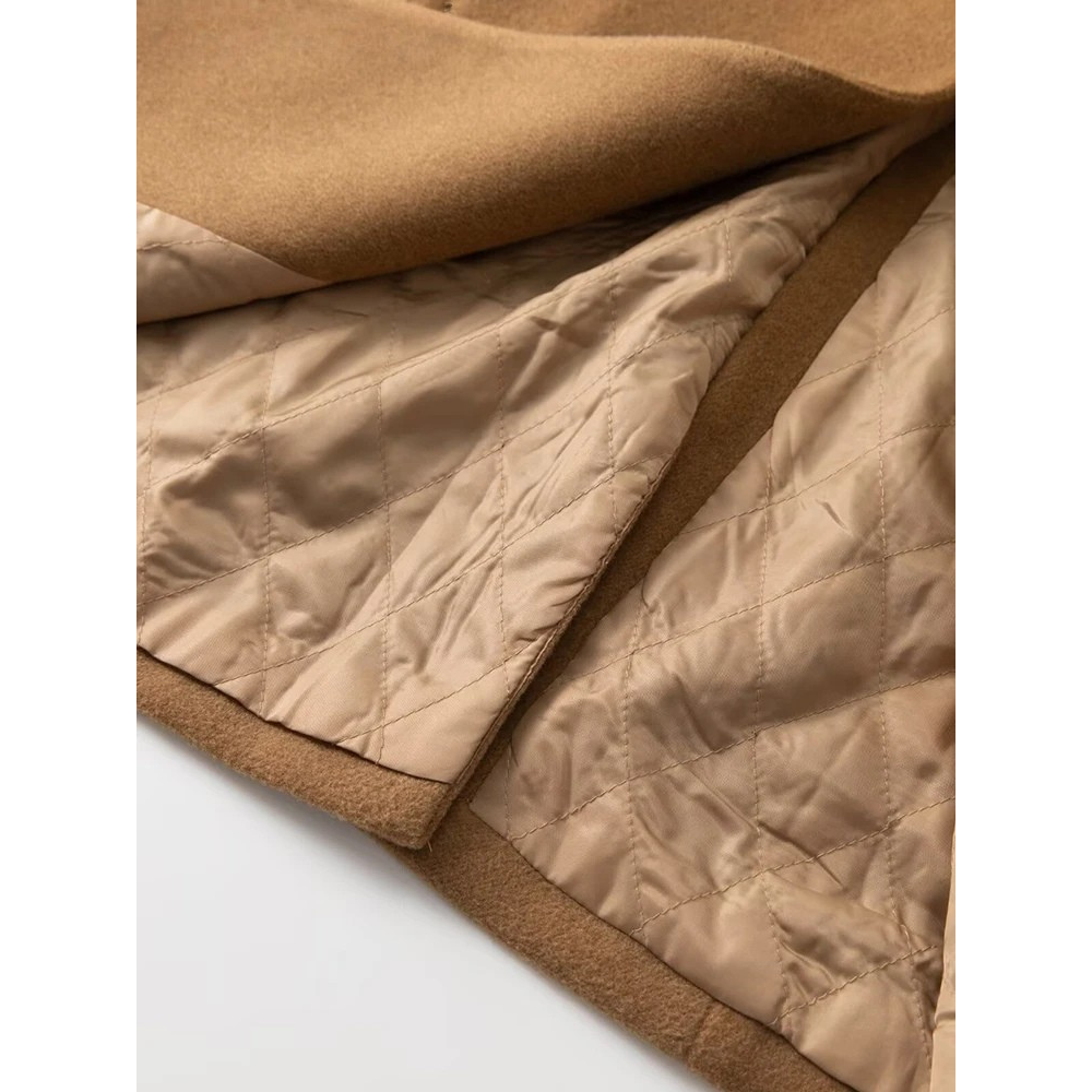 Abrigo de invierno de tweed doble con cuello vuelto y mangas ribeteadas de piel para mujer