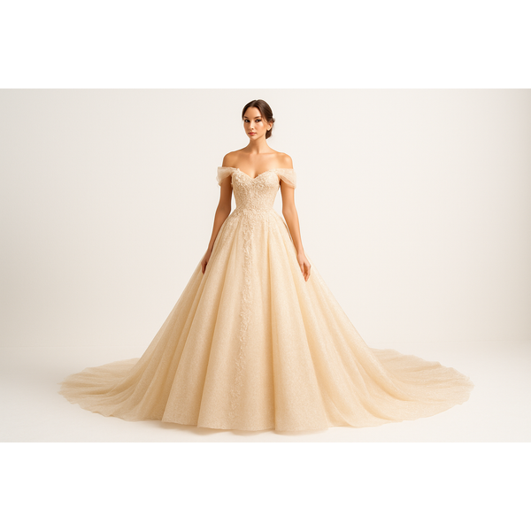 Can you recreate the same gown in champagne color this time with a white background?