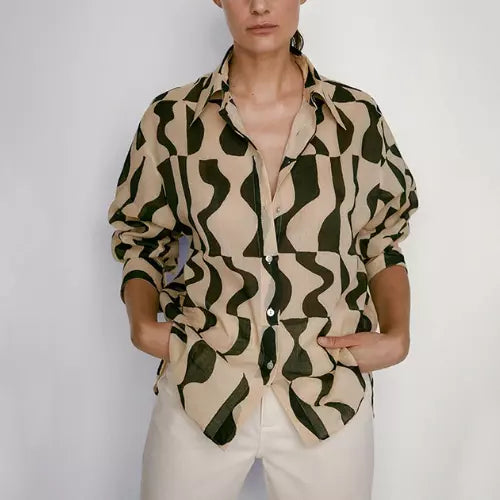 Women’s Lightweight Geometric Print Shirt – Beige And Black - Frimunt Clothing Co.