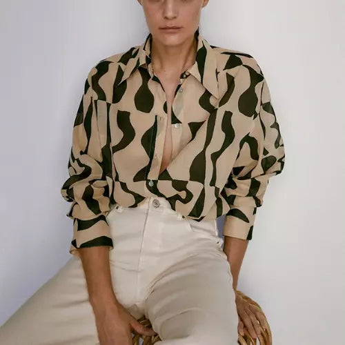Women’s Lightweight Geometric Print Shirt – Beige And Black - Frimunt Clothing Co.