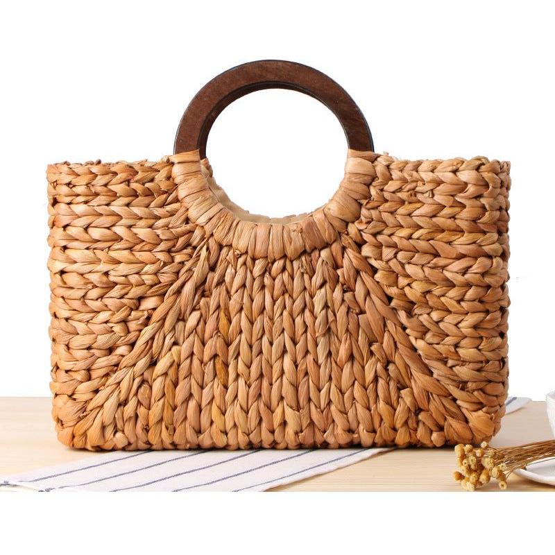Women's Natural Hand-Woven Corn Husk With Wood Handle Beach Bag Large Capacity Basket Boho - Frimunt Clothing Co.