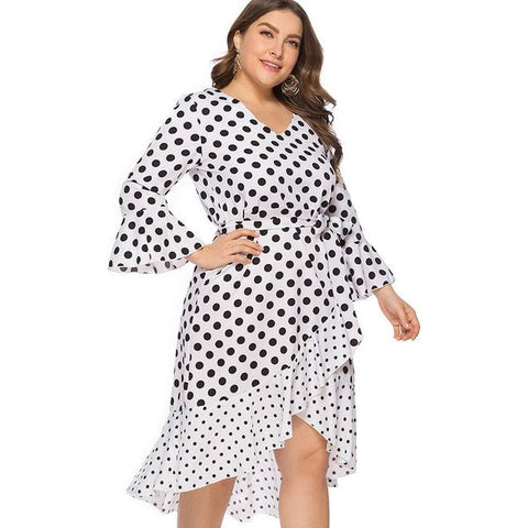 Summer New Plus Size Midi V-Neck Polka Dot Dress With Trumpet Sleeves and Ruffled Asymmetric Hem - Frimunt Clothing Co.