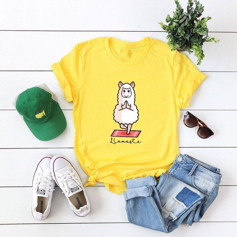 Summer Cotton T Shirt Women Cute Yoga Llama Graphic Tees Plus Size 5XL - Frimunt Clothing Co.