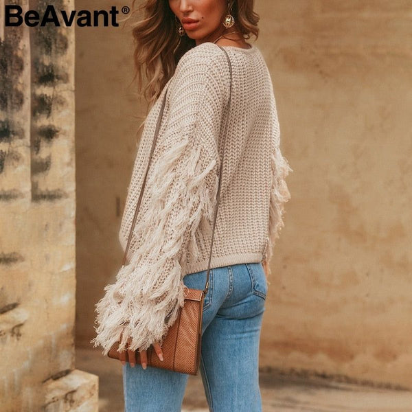 Tassel Knitted Women's Sweater Pullover Loose Casual O-Neck