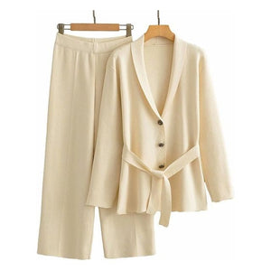 Two Piece Set Women Knit Cardigan Long Sleeve Coat + Wide Leg Pants Sets Elegant V-neck Jacket Trousers Fine Knits