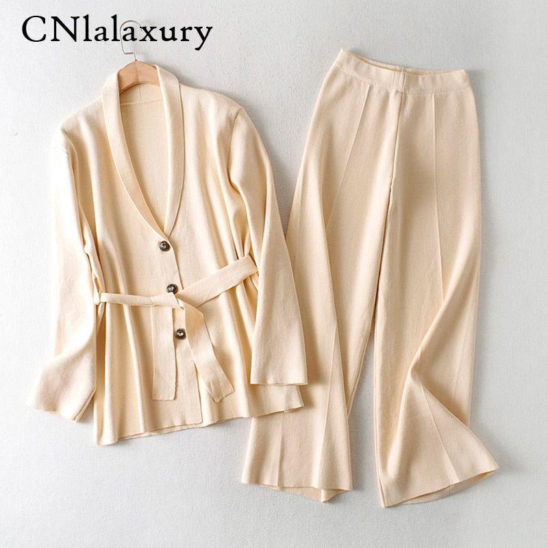 Two Piece Set Women Knit Cardigan Long Sleeve Coat + Wide Leg Pants Sets Elegant V-neck Jacket Trousers Fine Knits - Frimunt Clothing Co.