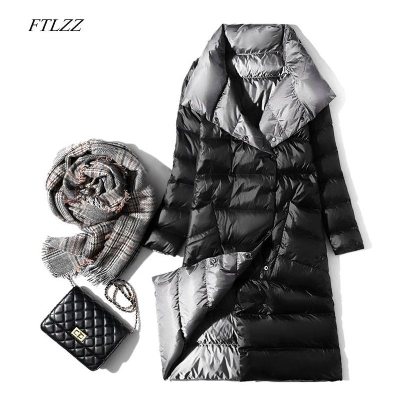 Women's Ultra Light Long Jacket Winter Double Sided Slim White Duck Down Coat Single Breasted - Frimunt Clothing Co.
