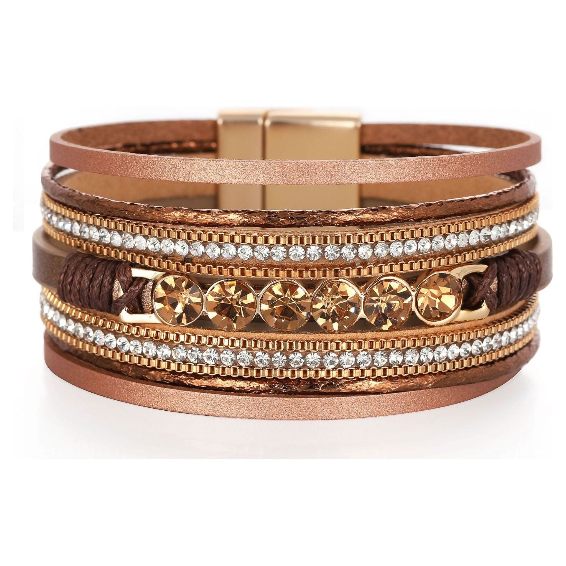 Retro Ethnic Multi-Layer Wide-Brimmed Women's Bracelet Crystal Diamond Luxury Leather Magnetic Buckle Bracelet - Frimunt Clothing Co.