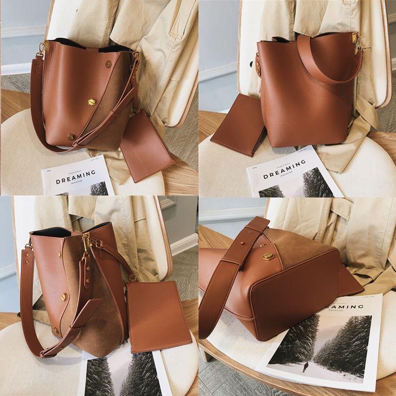 Burminsa Suede Bucket Women Shoulder Bag Wide Strap Handbag/Crossbody Bags With Coin Purse - Frimunt Clothing Co.