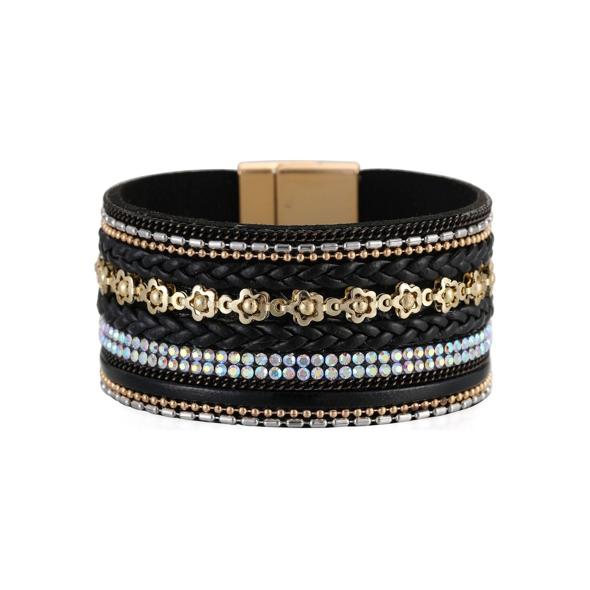 Wide Bracelet Flower Elements Diamond Luxury Braided Leather Strip Magnetic Buckle - Frimunt Clothing Co.