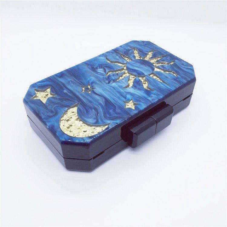 Women's Dark Blue Acrylic Handbag Fashion Star Moon Octagon Clutch Wedding Party Dress Bag - Frimunt Clothing Co.