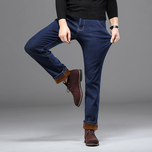 Plus Size 42 44 46 Men's Winter Warm Jeans Regular Fit Stretch Fleece Thick, Black, Blue - Frimunt Clothing Co.