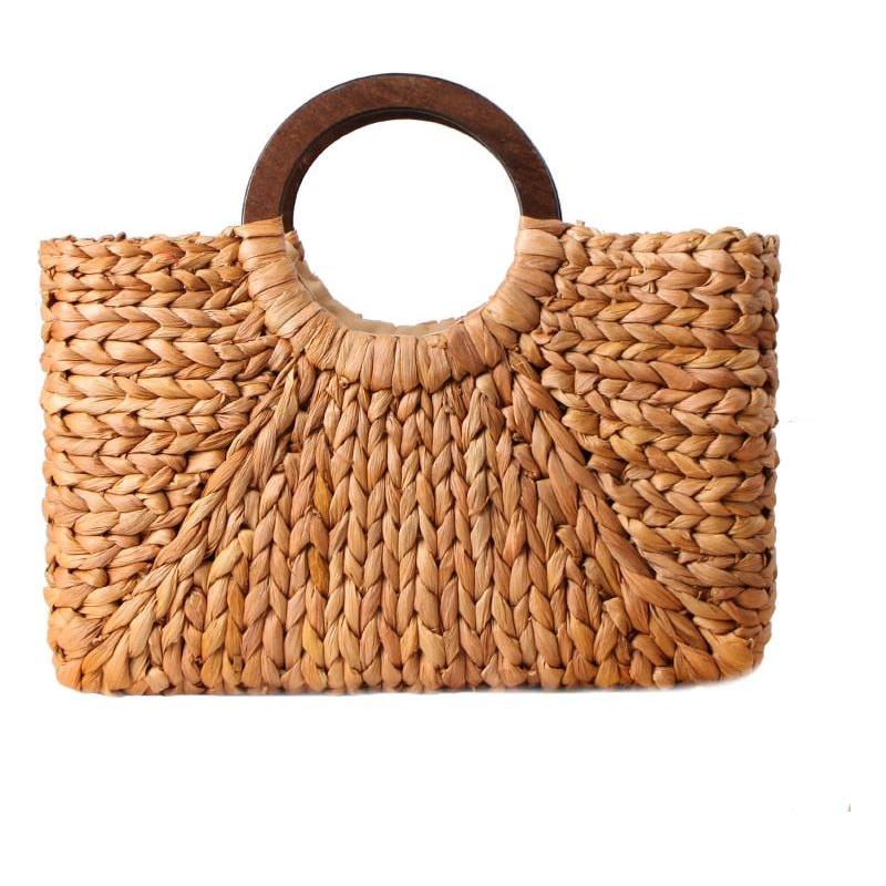 Women's Natural Hand-Woven Corn Husk With Wood Handle Beach Bag