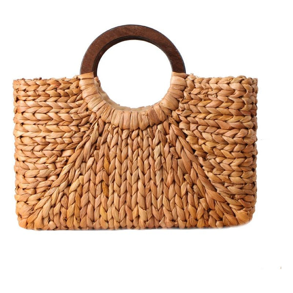 Women's Natural Hand-Woven Corn Husk With Wood Handle Beach Bag Large Capacity Basket Boho