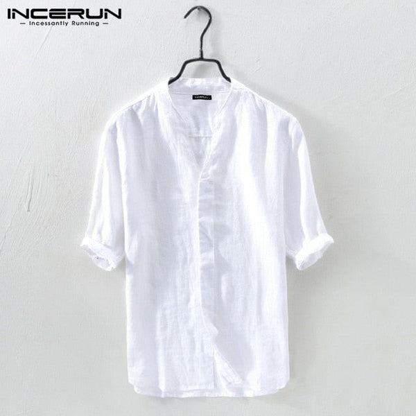 Summer Men's Shirts Cotton Half Sleeve V Neck Solid Colors Sizes up to 5XL