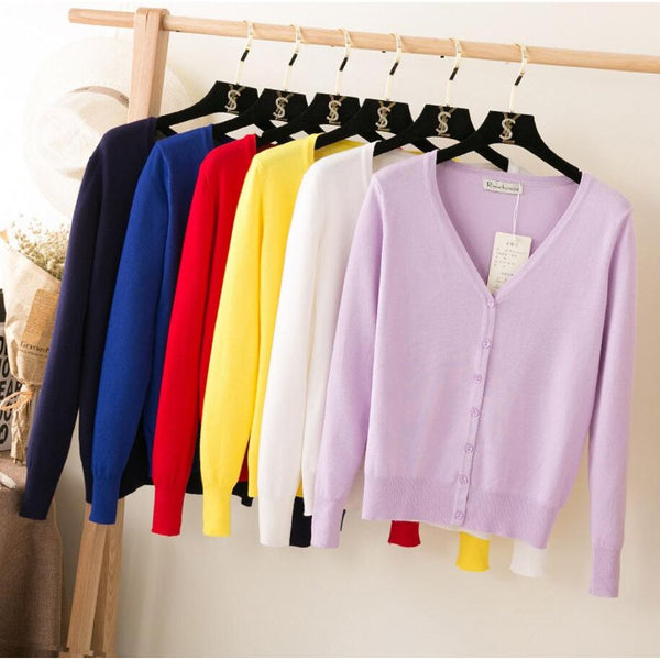 Women's Knitted Cardigan Coat Spring Autumn V-Neck Long Sleeved Sweater - Frimunt Clothing Co.