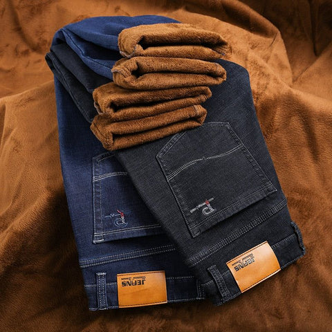 Plus Size 42 44 46 Men's Winter Warm Jeans Regular Fit Stretch Fleece Thick, Black, Blue