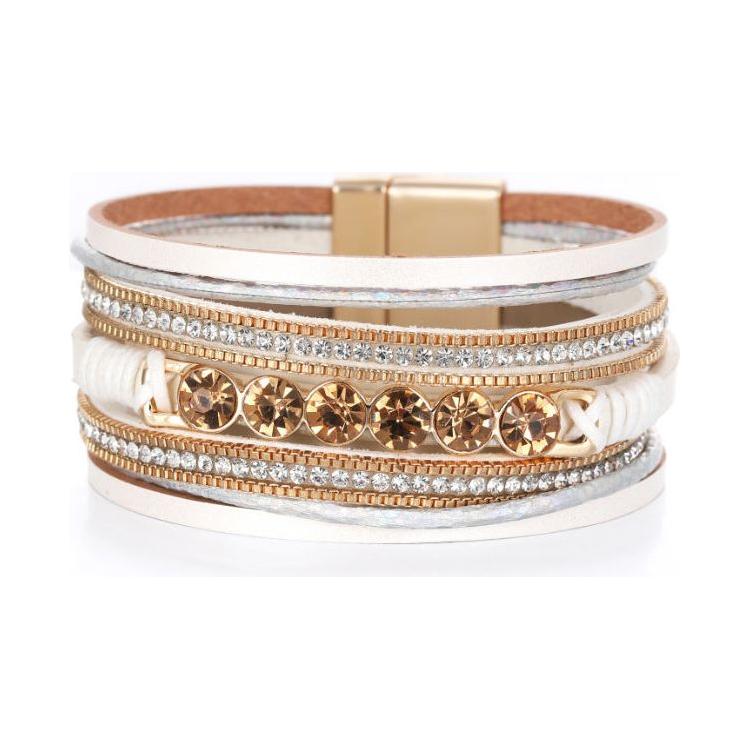 Retro Ethnic Multi-Layer Wide-Brimmed Women's Bracelet Crystal Diamond Luxury Leather Magnetic Buckle Bracelet - Frimunt Clothing Co.