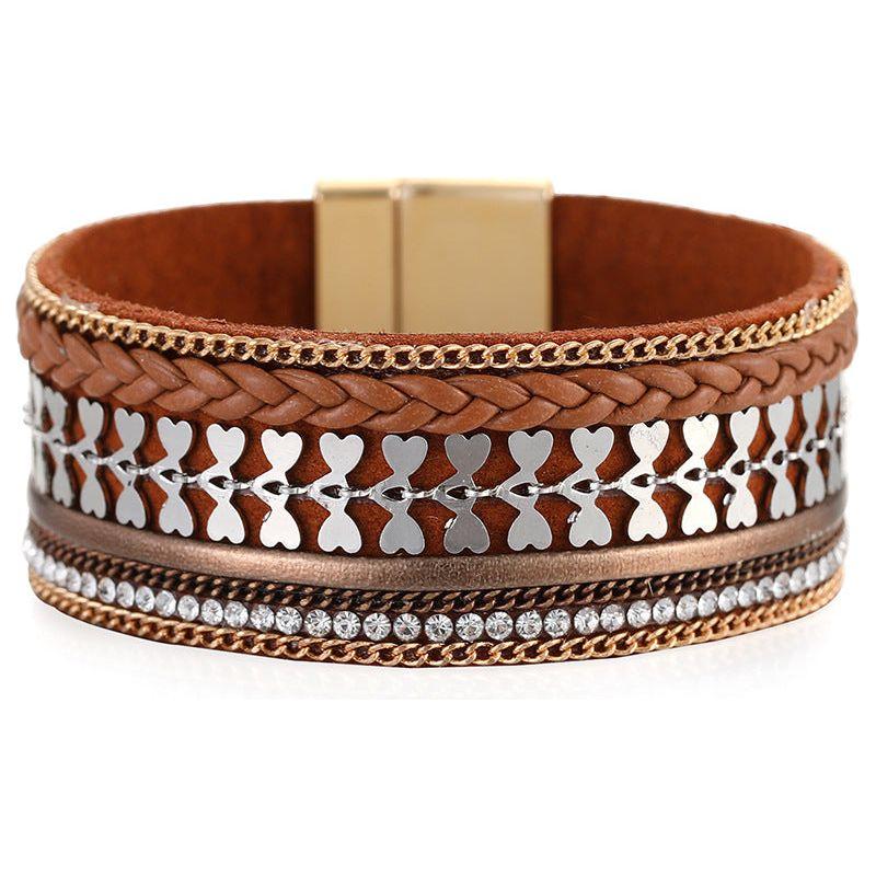 Woven Leather Diamond Strip Ethnic Bracelet Unisex Magnetic Buckle Bracelet - Frimunt Clothing Co.