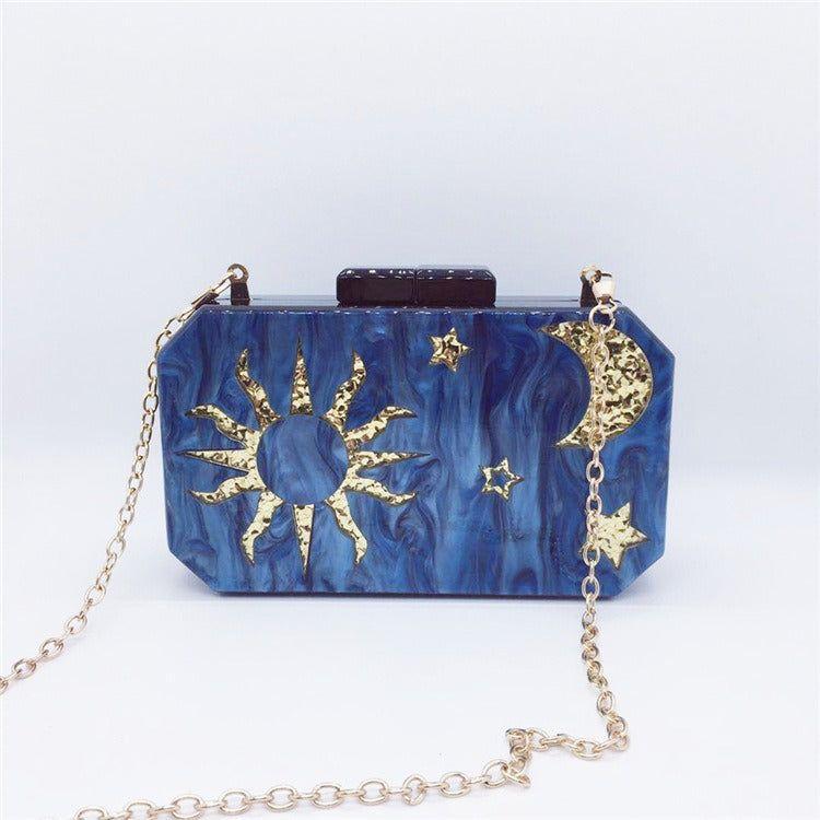 Women's Dark Blue Acrylic Handbag Fashion Star Moon Octagon Clutch Wedding Party Dress Bag - Frimunt Clothing Co.