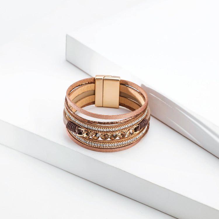 Retro Ethnic Multi-Layer Wide-Brimmed Women's Bracelet Crystal Diamond Luxury Leather Magnetic Buckle Bracelet - Frimunt Clothing Co.