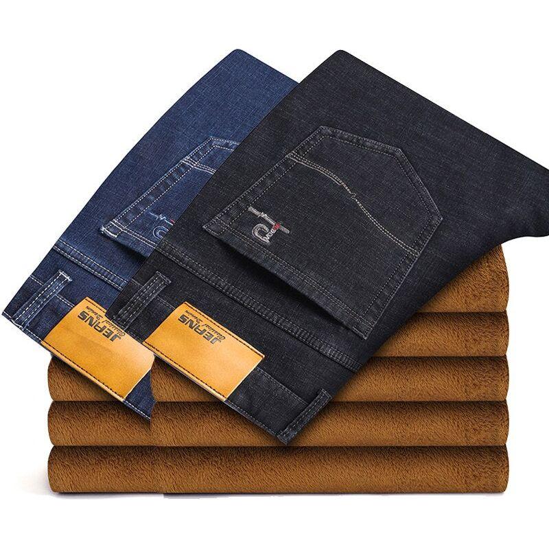 Plus Size 42 44 46 Men's Winter Warm Jeans Regular Fit Stretch Fleece Thick, Black, Blue - Frimunt Clothing Co.