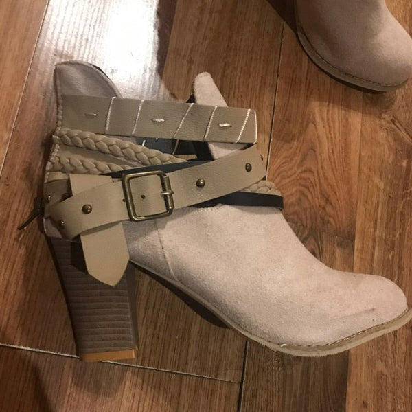 Buckle Strap Women Western Ankle Boots Casual High Heels Slip On Winter Shoes - Frimunt Clothing Co.