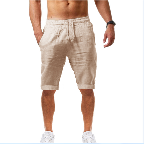 Summer Men's Casual Cotton Linen Shorts Solid Color Elastic Drawstring Waist