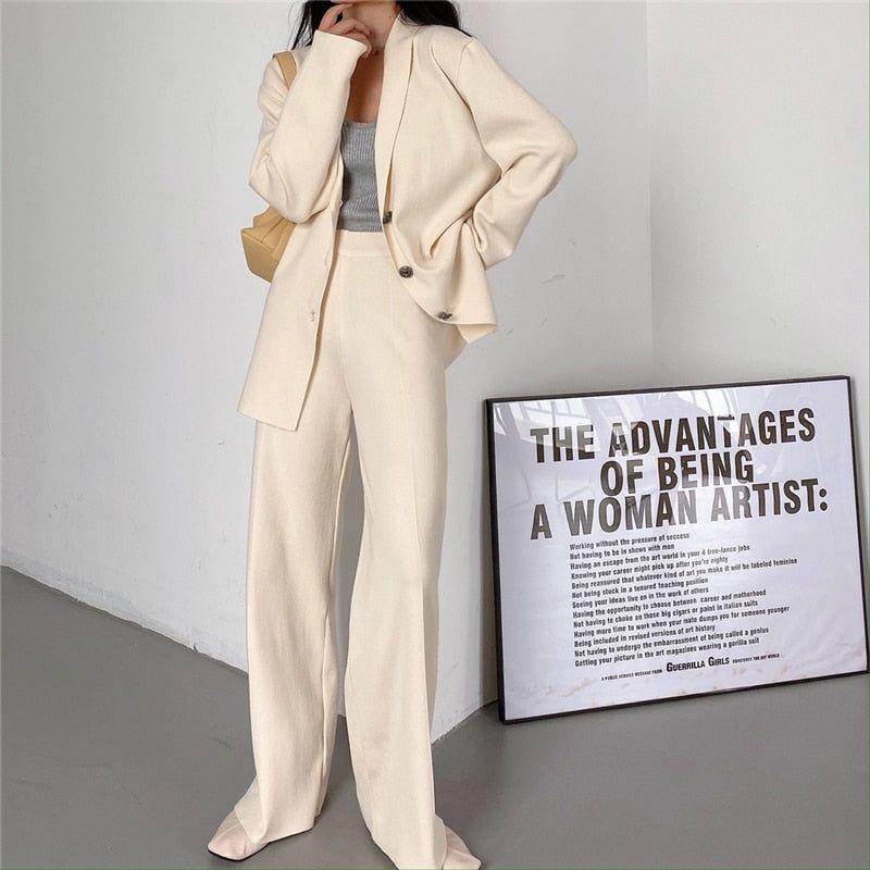 Two Piece Set Women Knit Cardigan Long Sleeve Coat + Wide Leg Pants Sets Elegant V-neck Jacket Trousers Fine Knits - Frimunt Clothing Co.
