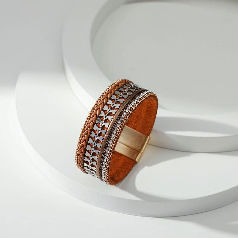 Woven Leather Diamond Strip Ethnic Bracelet Unisex Magnetic Buckle Bracelet - Frimunt Clothing Co.