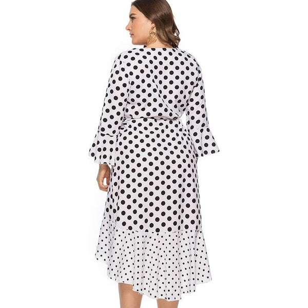 Summer New Plus Size Midi V-Neck Polka Dot Dress With Trumpet Sleeves and Ruffled Asymmetric Hem - Frimunt Clothing Co.