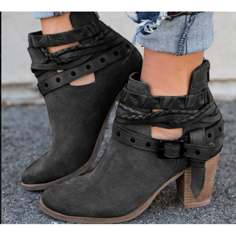 Buckle Strap Women Western Ankle Boots Casual High Heels Slip On Winter Shoes - Frimunt Clothing Co.