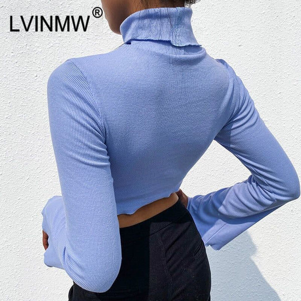 Women's Casual Knit High Neck Hollow Out Flare Sleeve Crop Spring Autumn Streetwear Tops - Frimunt Clothing Co.