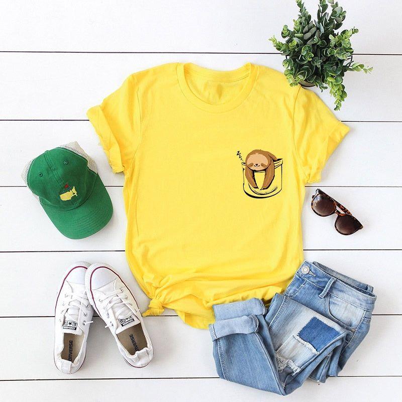 Cotton T Shirt Women Funny Cute Pocket Sloth Print Summer Tops Plus Sizes 5XL - Frimunt Clothing Co.