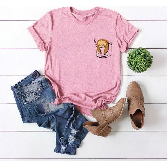 Cotton T Shirt Women Funny Cute Pocket Sloth Print Summer Tops Plus Sizes 5XL - Frimunt Clothing Co.