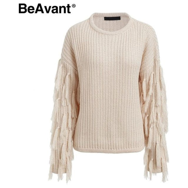 Tassel Knitted Women's Sweater Pullover Loose Casual O-Neck