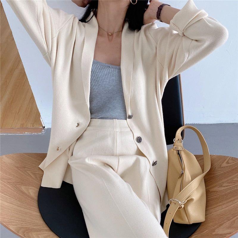 Two Piece Set Women Knit Cardigan Long Sleeve Coat + Wide Leg Pants Sets Elegant V-neck Jacket Trousers Fine Knits - Frimunt Clothing Co.